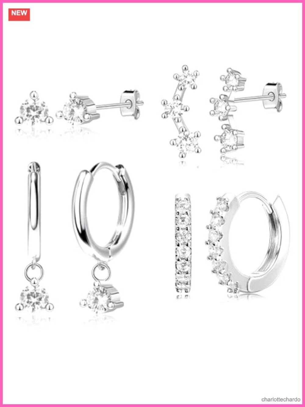 4 Pairs Stud Hoop Earrings Set Women Sterling Silver Cubic Zirconia